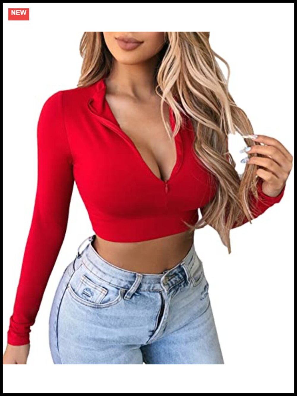 Women's Long Sleeve Quarter Zip Crop Top Fleece Lined V Neck Fitted Shirt